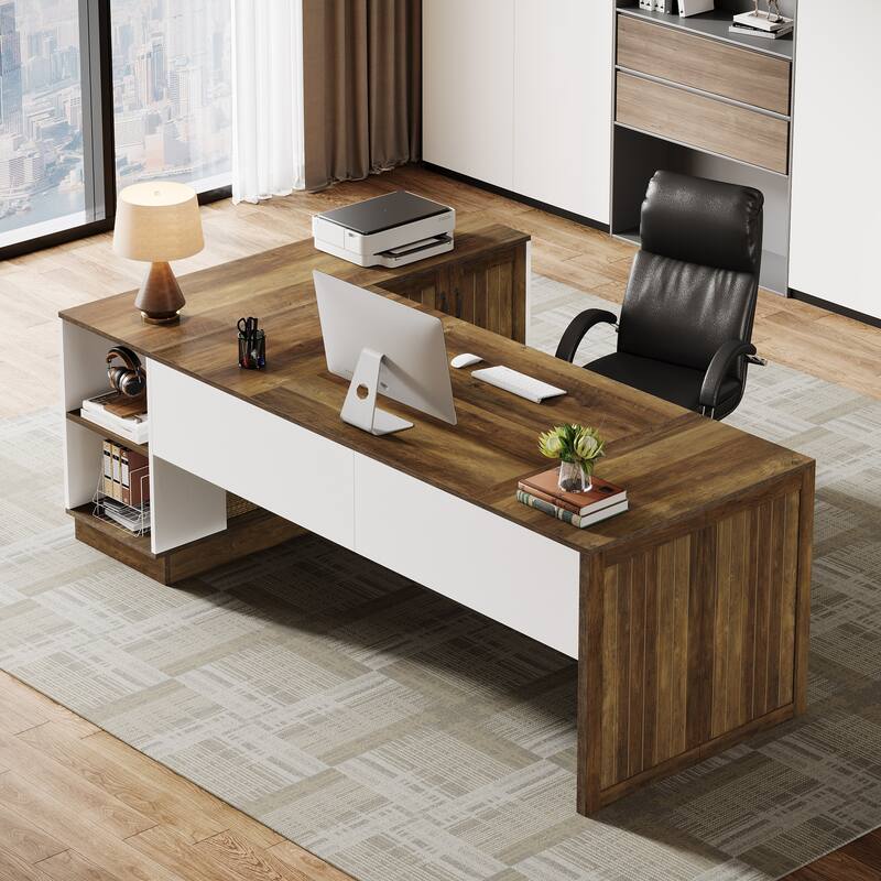 79-Inch Modern L-Shaped Desk with File Cabinet