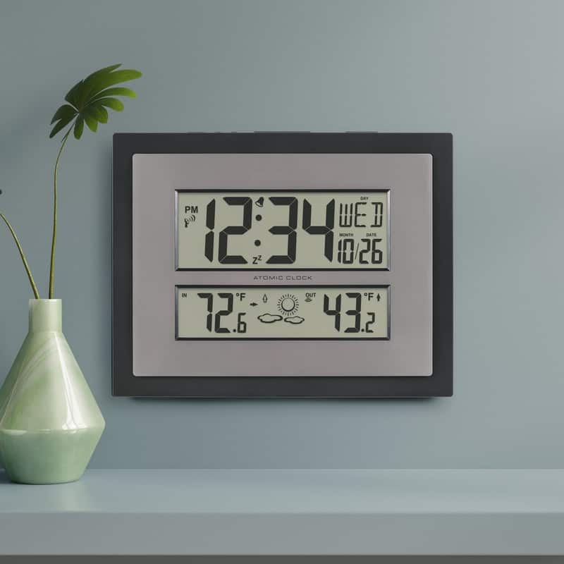Atomic Digital Clock with Temp & Forecast in Black/Silver, 512-65937 - Black