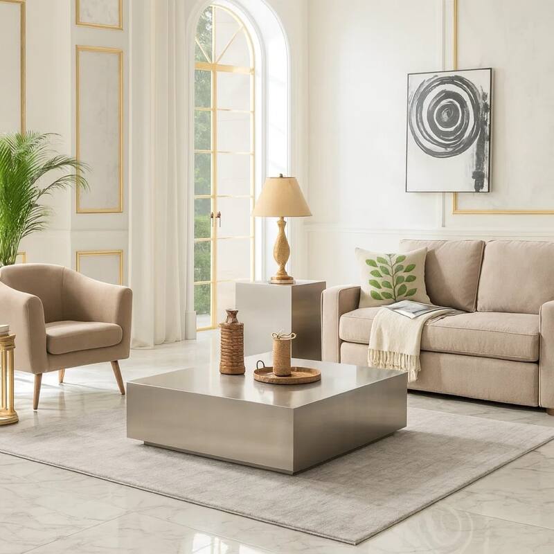 Contemporary Style Stainless Steel Coffee Table In Square Shape, Gray