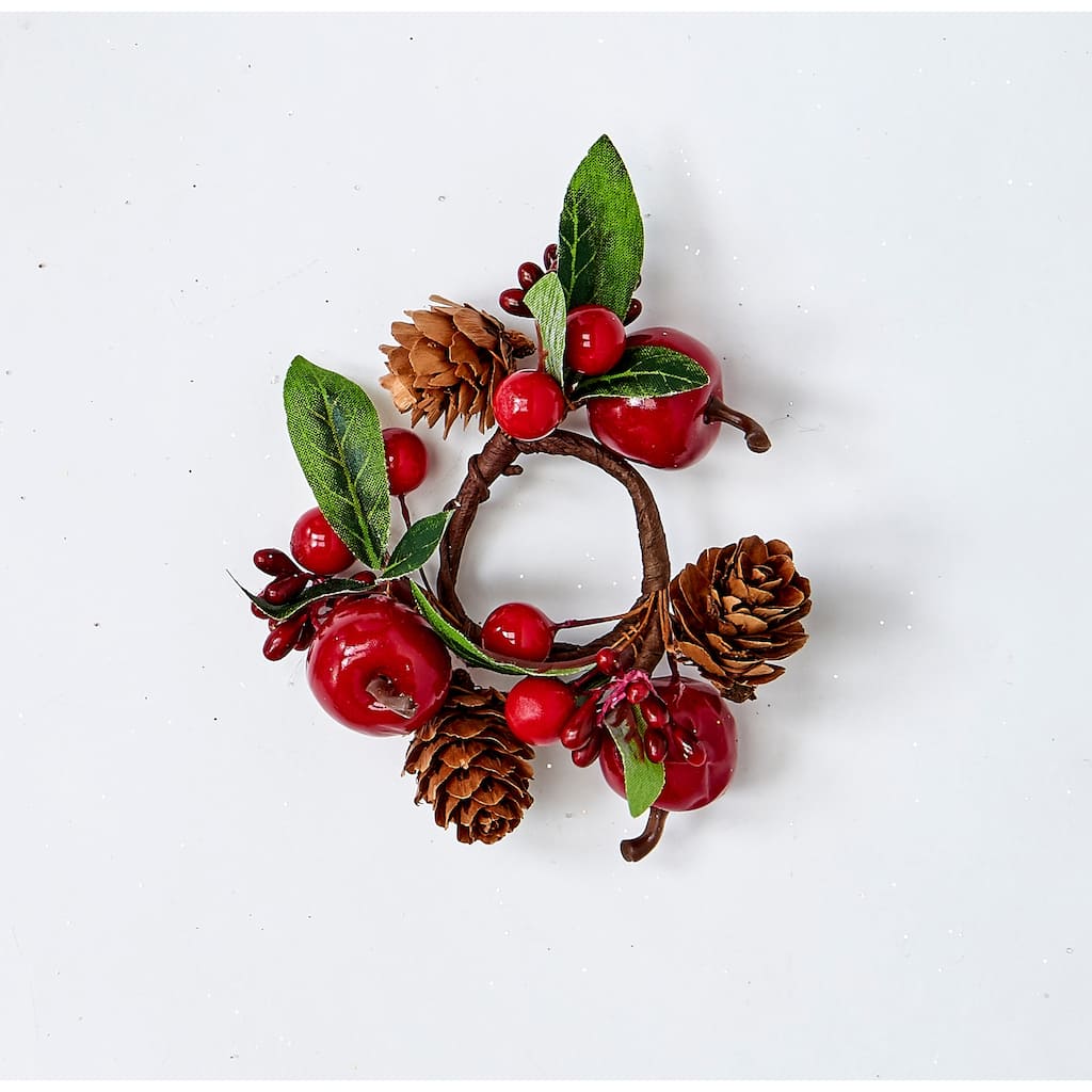 1.25" Green Leaves Red Apple/Berries & Pine Cone Candle Ring, Set of 2 - 4