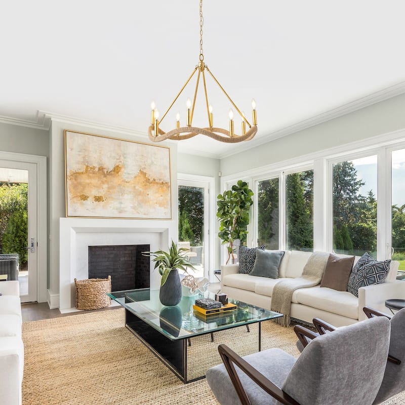 Modern Farmhouse Gold Natural Jute Large Candle Chandelier - 27.6 in. D x 27.6 in. W x 23.6 in. H