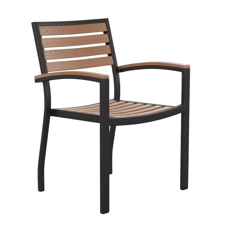 Set of 4 Stackable All-Weather Aluminum Patio Chairs with Faux Teak Slats