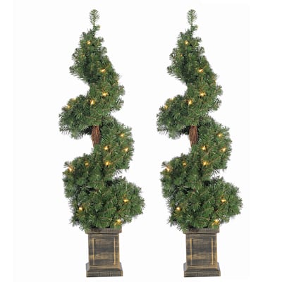 Set of 2 3.5 Foot High Potted Pre Lit Potted Spiral Trees - N/A