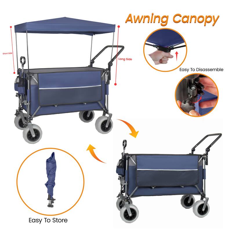 Multi-Functional Push-Pull Folding Wagon Cart with Rotating Handle & Canopy, 9"x4" Beach Tires, 300L Large Capacity