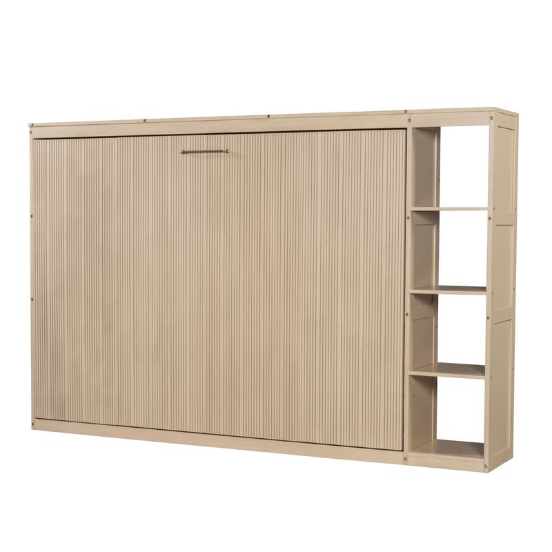 Full Size Murphy Bed Cabinet with Bookshelf, Space-Saving Foldable Wood Wall Bed Frame w/Hidden Bed Foundation & Slats Support