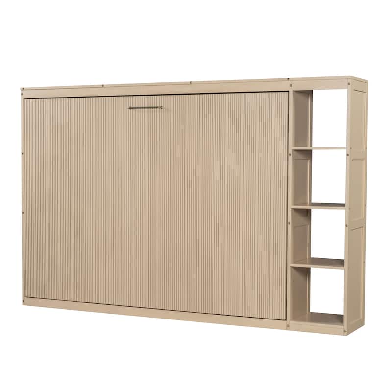 Minimalist Fold Down Bed Murphy Bed with 3 Storage Racks, Striped Decoration Wall Bed Hidden Bed for Guest Room Small Spaces