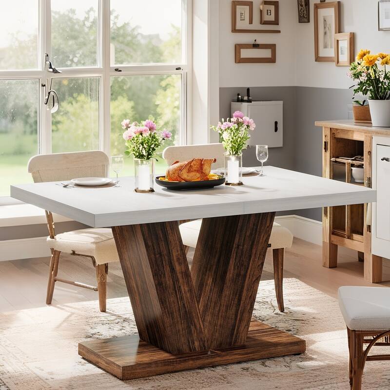 47-Inch Wooden Dining Table with Heavy Duty Pedestal, Farmhouse Kitchen Dinner Table for Home