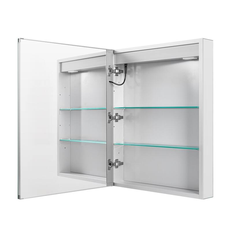 White LED Anti-Fog Bathroom Mirror Cabinet with Dimmable Lighting and Built-in Power Outlet - 24” x 4.9” x 29.9”