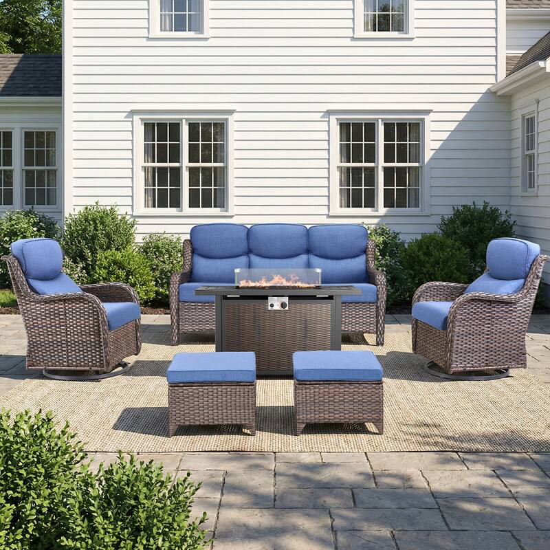 Pocassy 6/7 Piece Patio Sofa Swivel Chair Set with 43" Fire Pit Table - Brown Wicker Blue Cushion - 6-Piece Sofa Swivel Chair Ottoman w/ Fie Table
