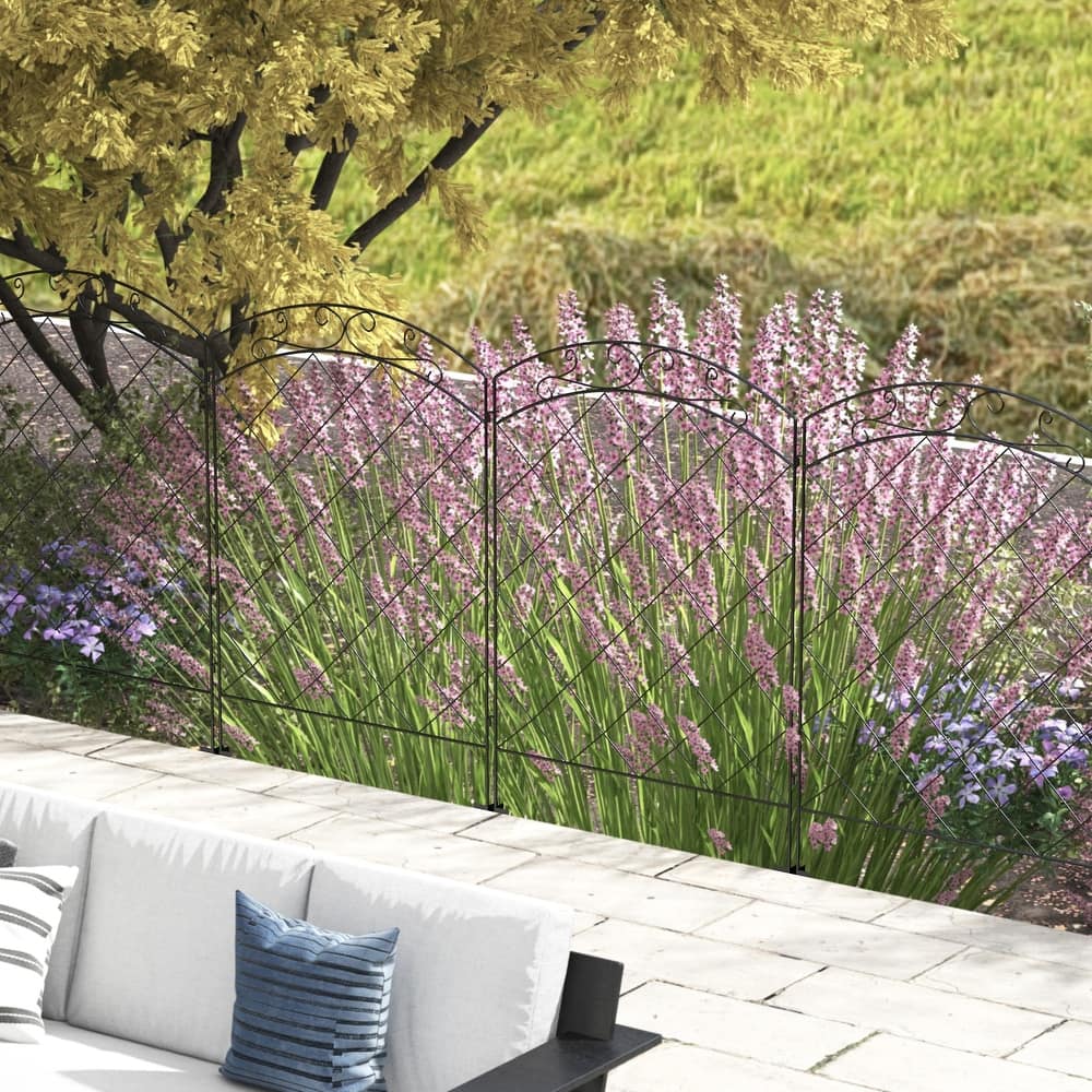 Outsunny Garden Fence, 4 Pack Steel Fence Panels, 11.4' L x 43" H, Rust-Resistant Animal Barrier Decorative Border Flower