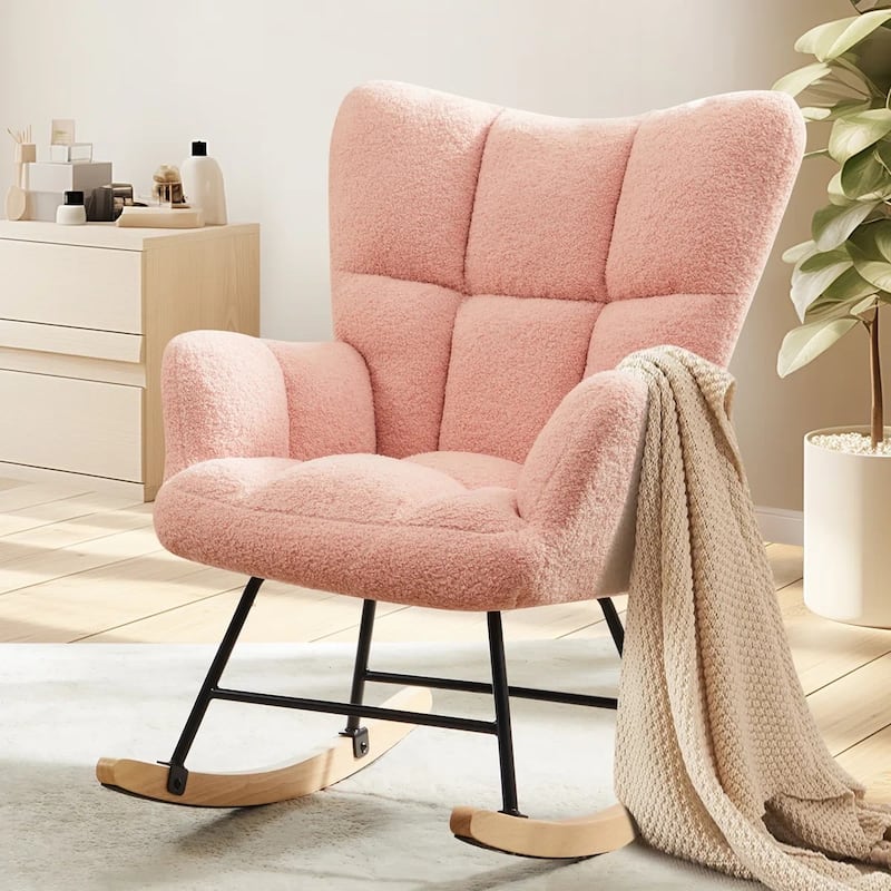 Rocking Chair Upholstered Glider Rocker Rocking Accent Chair Padded Seat with High Backrest Armchair - Pink