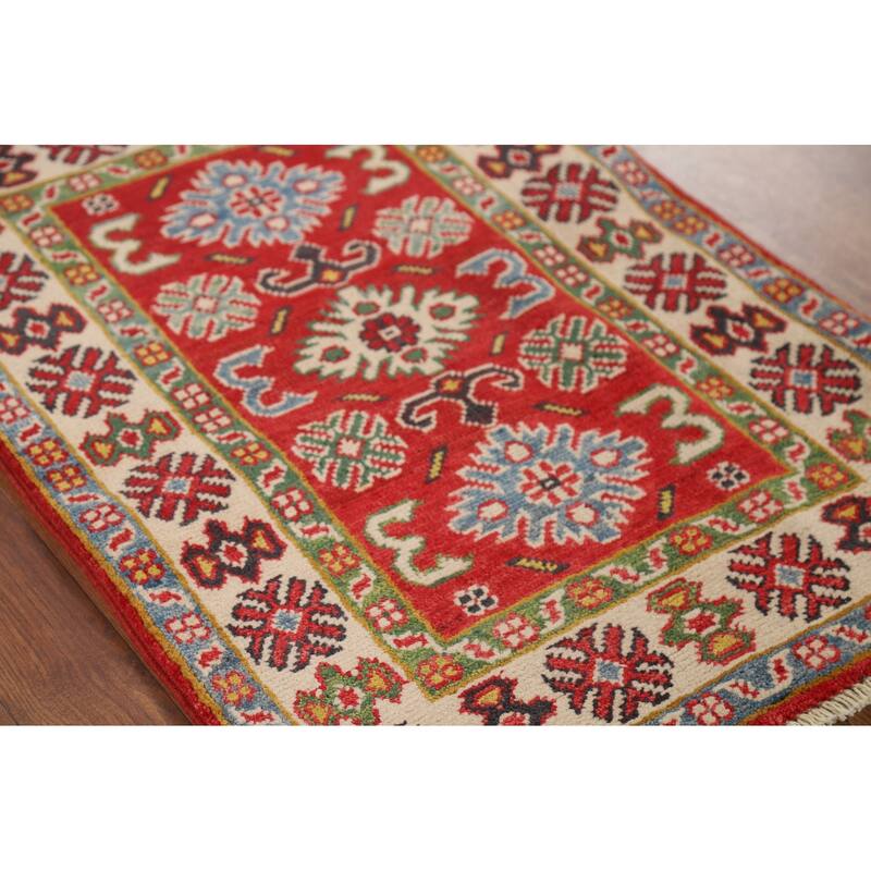 Hand Knotted Oriental 100% Wool Carpet Traditional Geometric Red Kazak Area Rug - 3' 0'' X 2' 1''