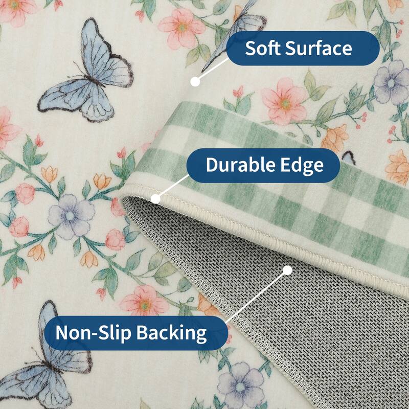 Butterfly Pattern Rugs for Living Room, Modern Floral Area Rug, Washable Border Plaid Non Slip Floor Carpet