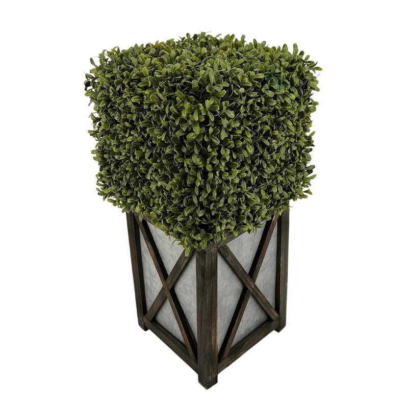 Faux Boxwood Square Topiary in Crisscross Stout Wood/ Metal