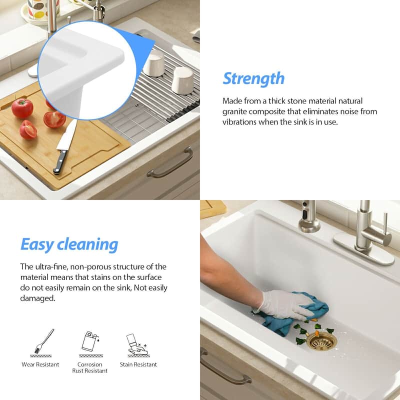 25"/33" Topmount/Drop-in Granite Composite Kitchen Sink Top Counter Single Bowl Sink