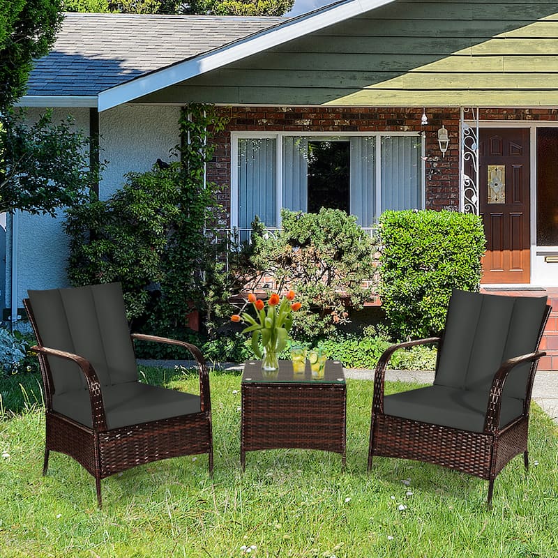 Gymax 3PCS Outdoor Patio Rattan Conversation Set Furniture Set w/ - Grey