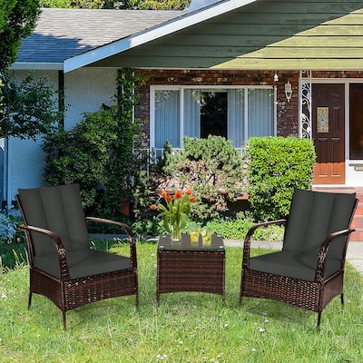 Gymax 3PCS Outdoor Patio Rattan Conversation Set Furniture Set w/