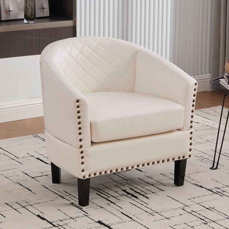HOMEFUN Leather Upholstered Nailhead Wooden Frame Barrel Club Chair with Solid Woood Legs - White-PU