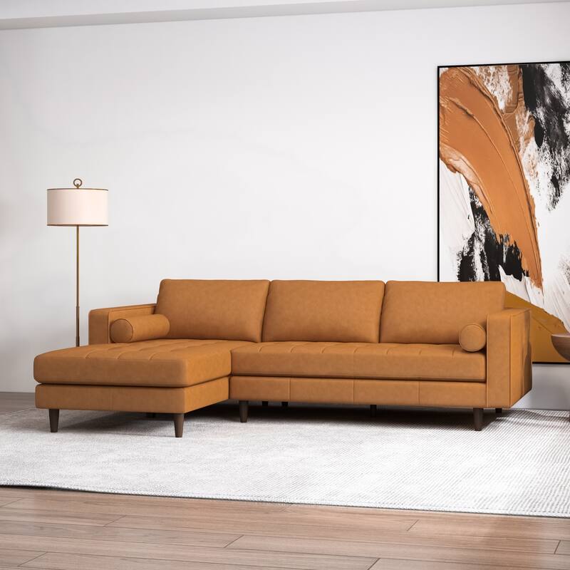 Diva Modern Mid Century Tufted Furniture Style Leather Couch in Tan