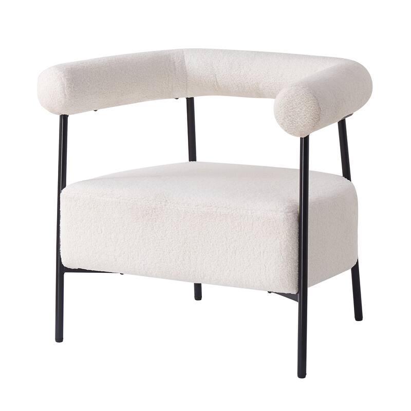 Modern Boucle Fabric Upholstered Accent Chair, Curved Armchair with Black Metal Frame
