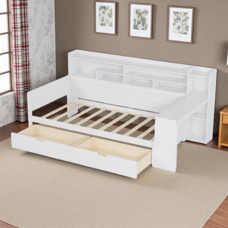 Twin Size Wooden Daybed with Built-in Study Desk, Side Storage Shelves & Two Large Drawers, Space-Saving Multi-Functional Bed - Twin Antique White - Twin