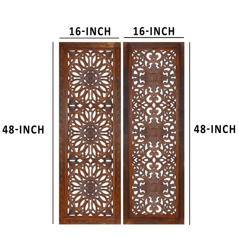 2 Piece Mango Wood Wall Panel Set with Mendallion Carving, Burnt Brown