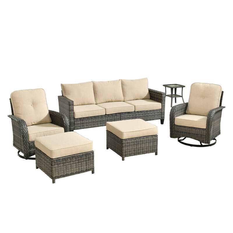 HOOOWOOO 6-piece Grey Wicker Outdoor Swivel Rocking Chair Set for Patio