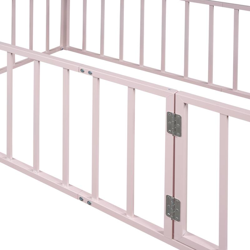 Metal Floor Bed Frame with Fence and Door - Pink - Twin