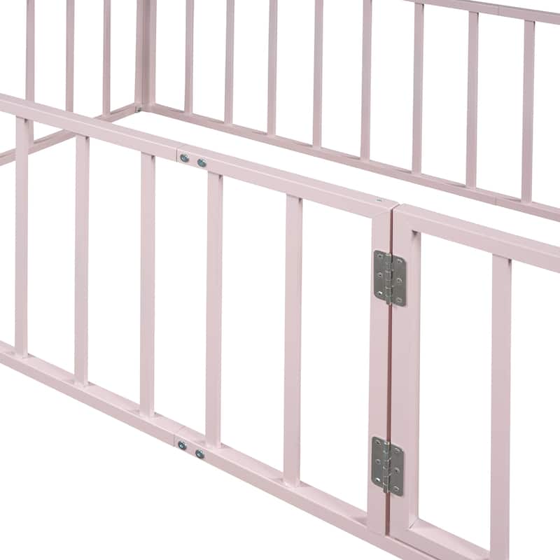 Pink Twin Size Metal Floor Bed Frame with Fence and Door for Kids, Boys and Girls, Bedroom