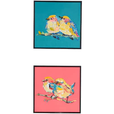 Canvas Bird Colorful Framed Wall Art with Black Frame and Gold Foil Accents - Set of 2 Multi Colored - Roche River Decor