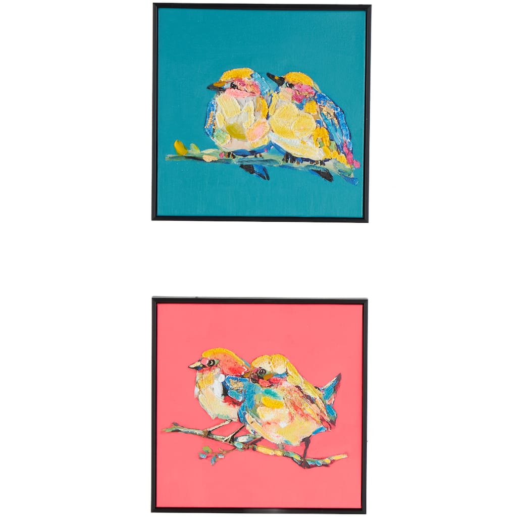 Canvas Bird Colorful Framed Wall Art with Black Frame and Gold Foil Accents - Set of 2 Multi Colored - Roche River Decor