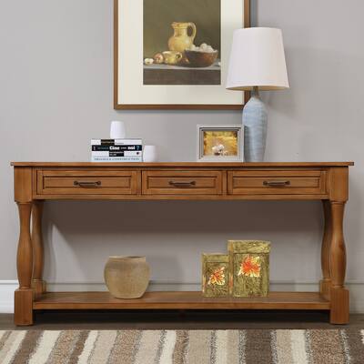 Solid Wood Console Table with 3 Drawers and Bottom Shelf