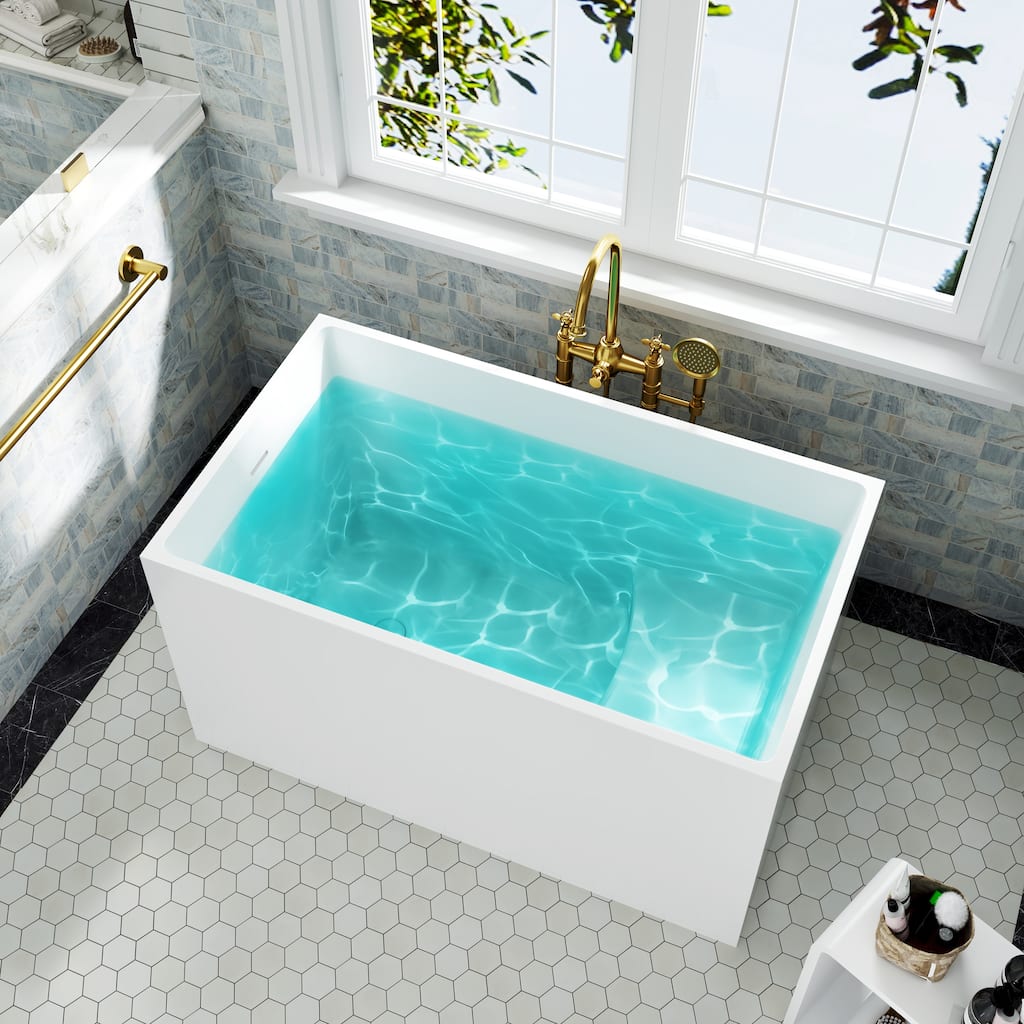 43 in. Freestanding Acrylic Japanese Soaking Bathtub, Compact Space-Saving Design with Included Drainer