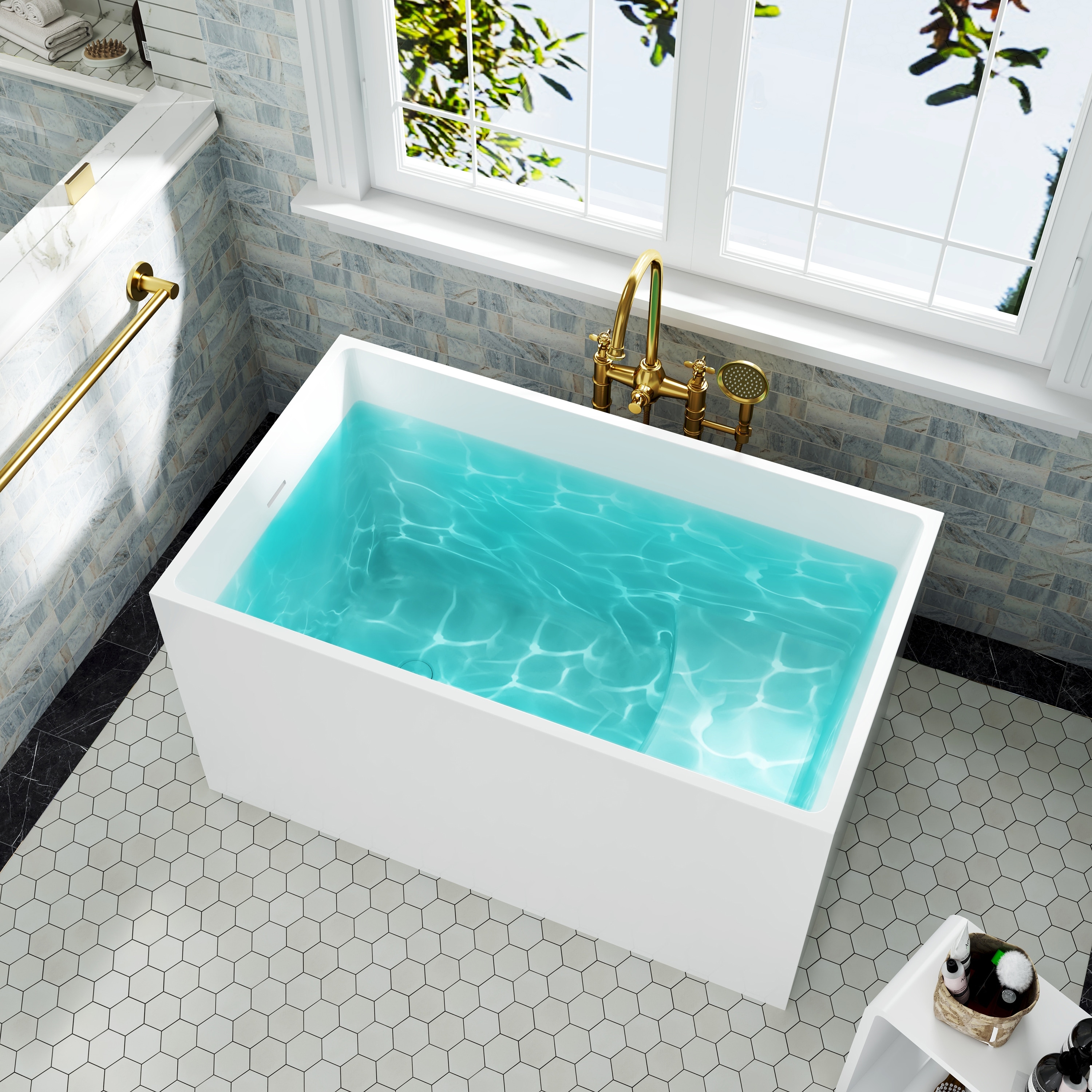 47 in. Freestanding Acrylic Japanese Soaking Bathtub, Modern Compact Design with Included Drainer