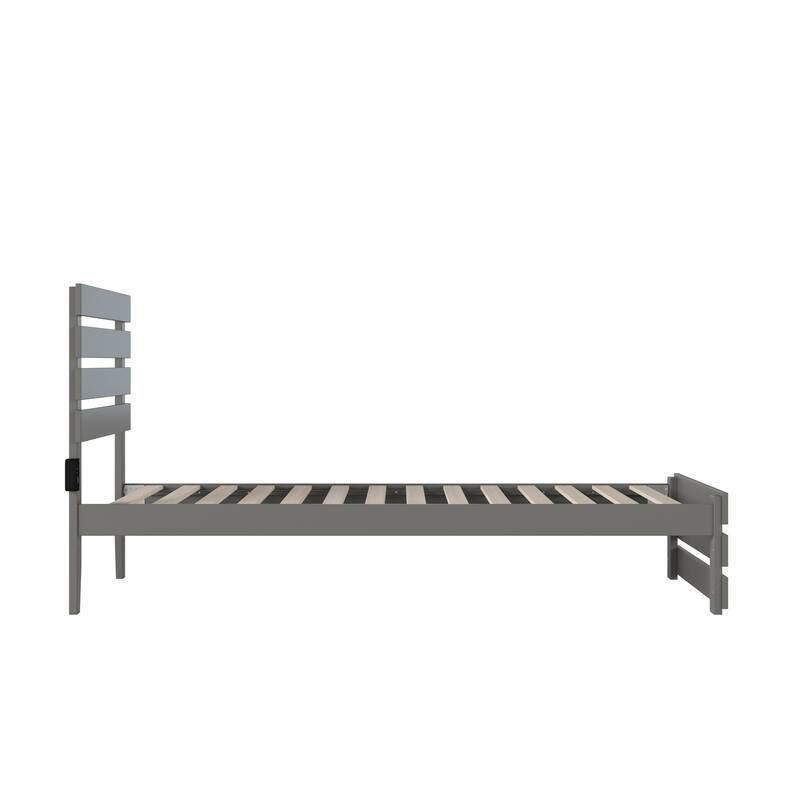 Modern Twin XL Bed with Footboard & USB Charger - Grey Solid Wood Platform Bed - 41.38"H