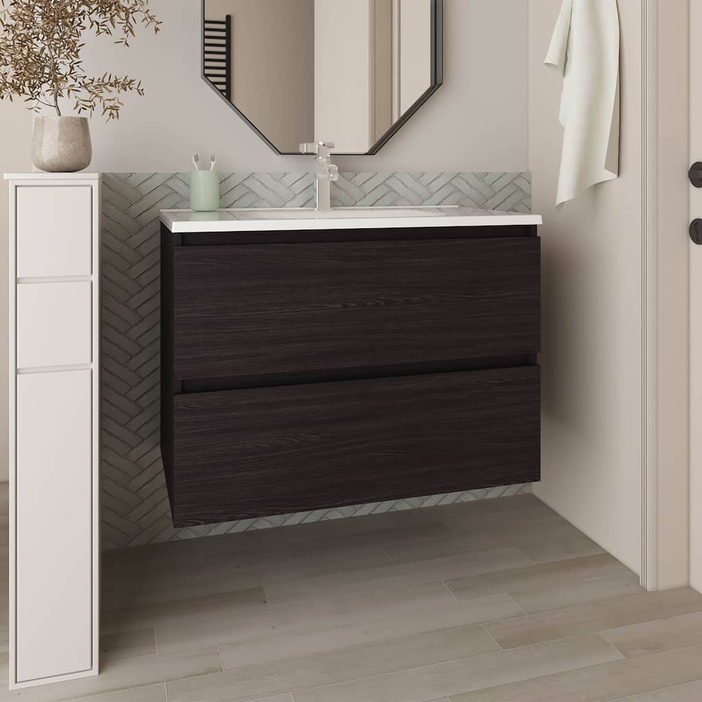 Black Wengue Bathroom Vanity - 2-Drawer, 31.5" Engineered Wood Storage for Small Space
