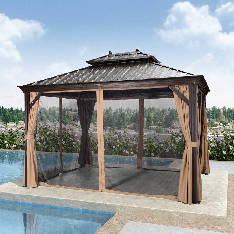 PURPLE LEAF 10x12 Outdoor Galvanized Steel Hardtop Gazebo, Aluminum Frame Gazebo With Curtains