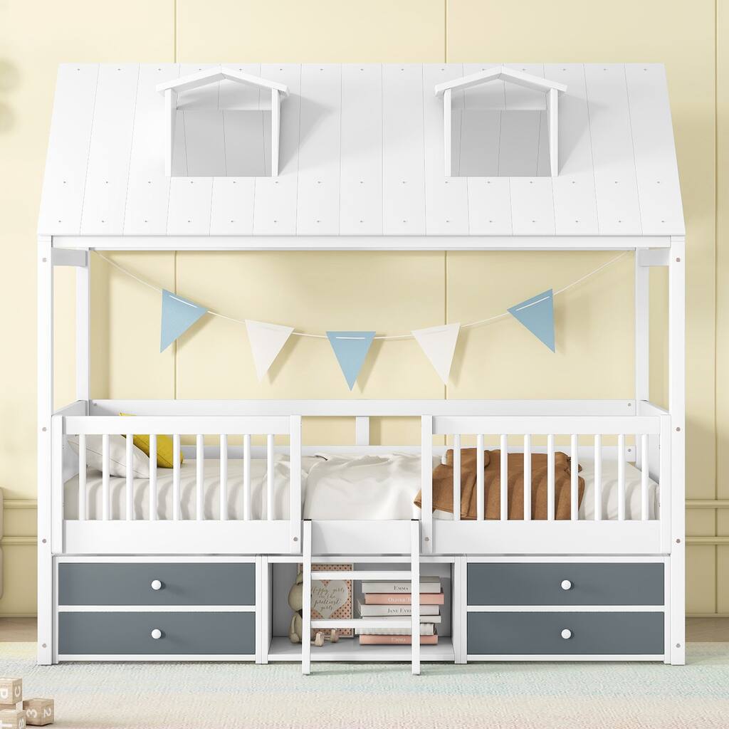 Twin Size Wooden House Bed with Fence and Roof for Kids