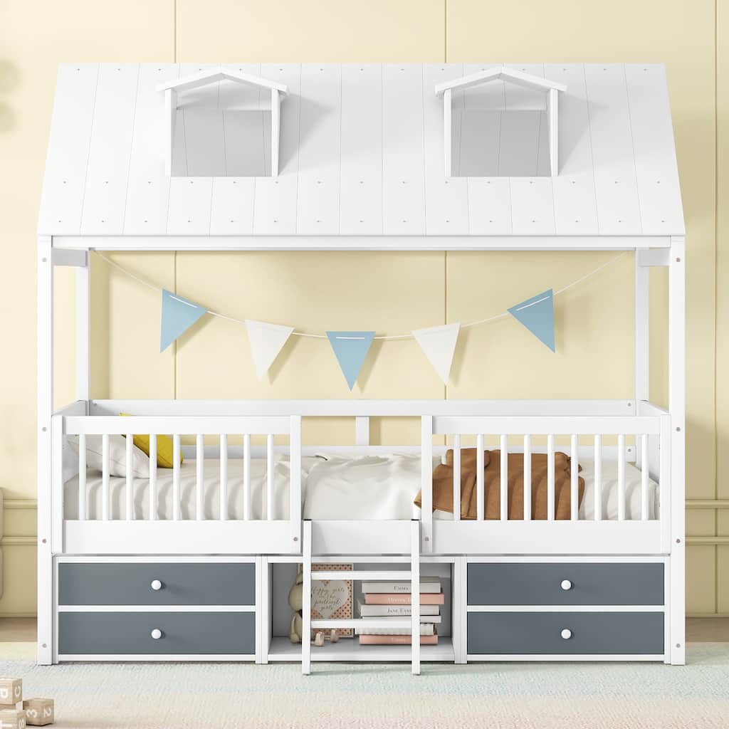 Twin Size Wooden House Bed with Roof Skylights, Ladder, 4 Drawers, Shelves, Fence and Solid Wood Frame, for Kids Ages 6+