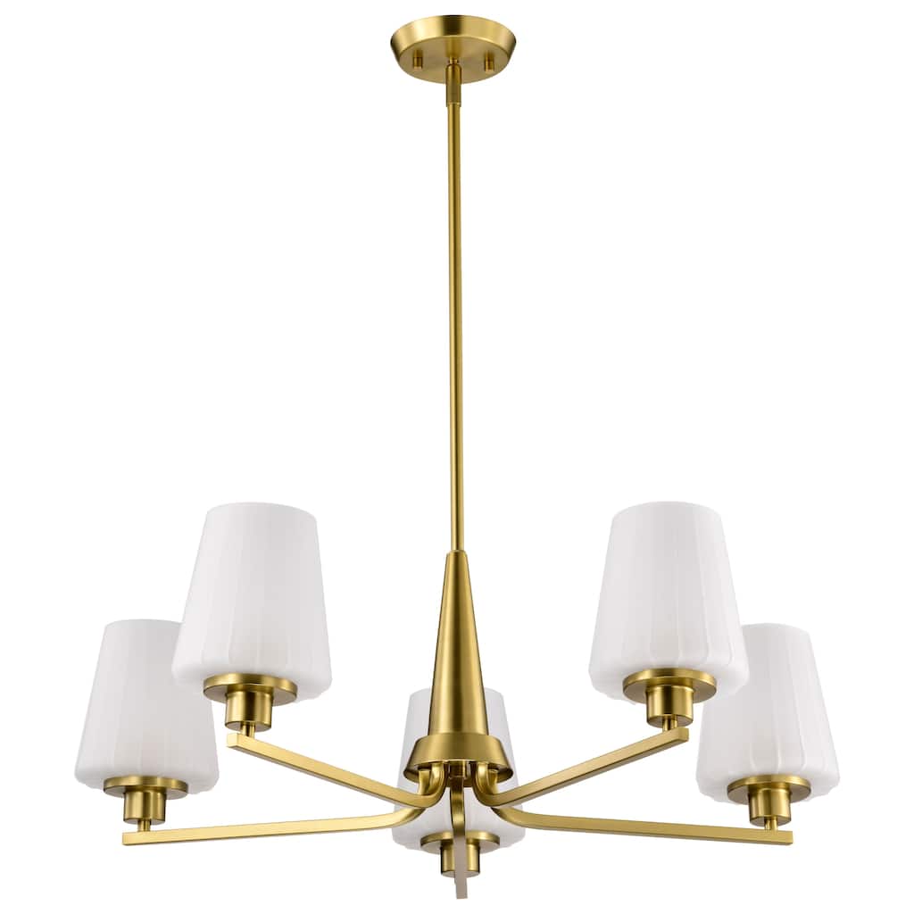 Lune 5 Light Chandelier Vintage Brass Finish Etched White Glass - Vintage Brass