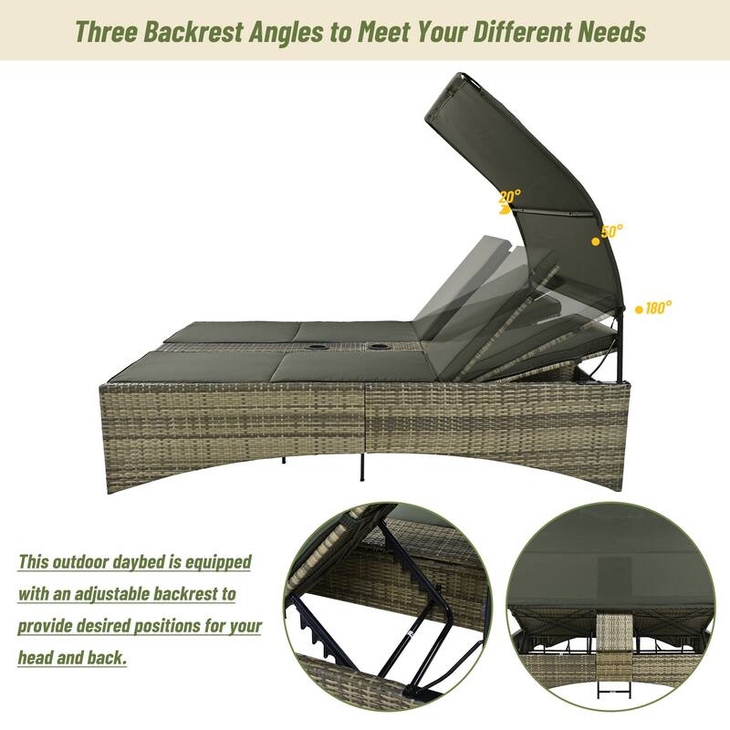 Outdoor Patio Rattan Daybed Sunbed with Canopy and Adjustable Backrest, Storage Box and 2 Cup Holders