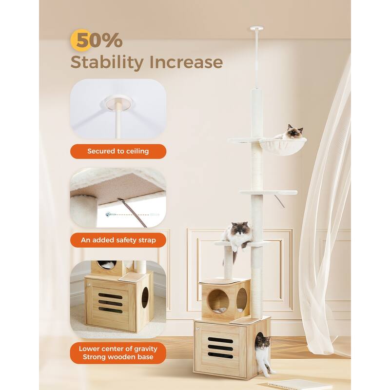 Adjustable Hright 6-Tiers Floor to Ceiling Cat Tree with Litter Box