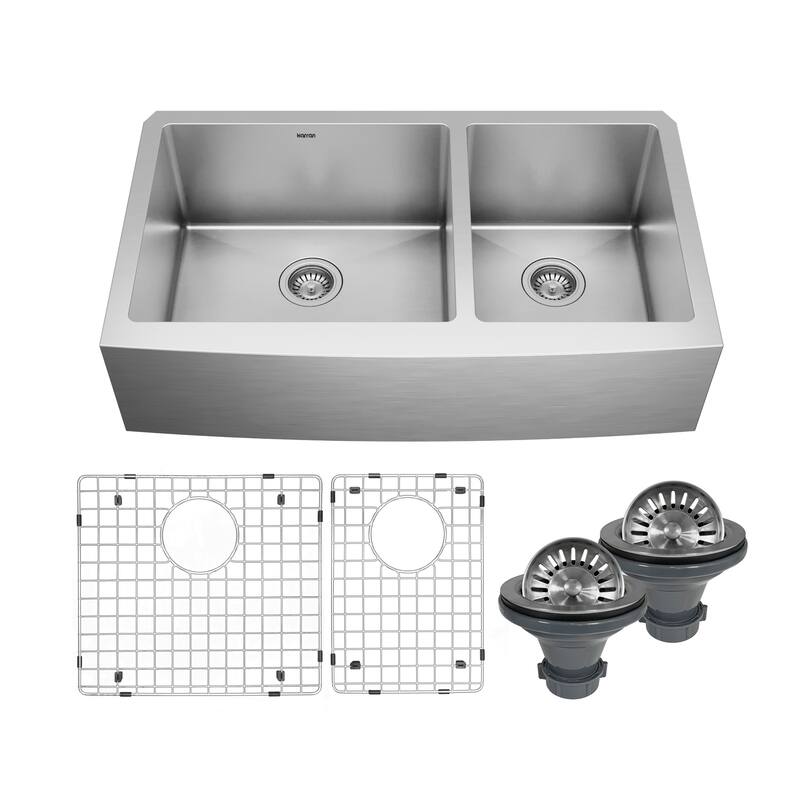 Karran 36" Undermount Double Bowl Stainless Steel Farmhouse Kitchen Sink Kit