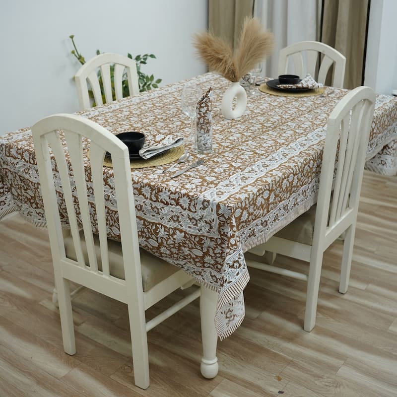 Fabdivine Handmade Block Print Cotton Table Cover Farmhouse Dining Kitchen Decor Gift