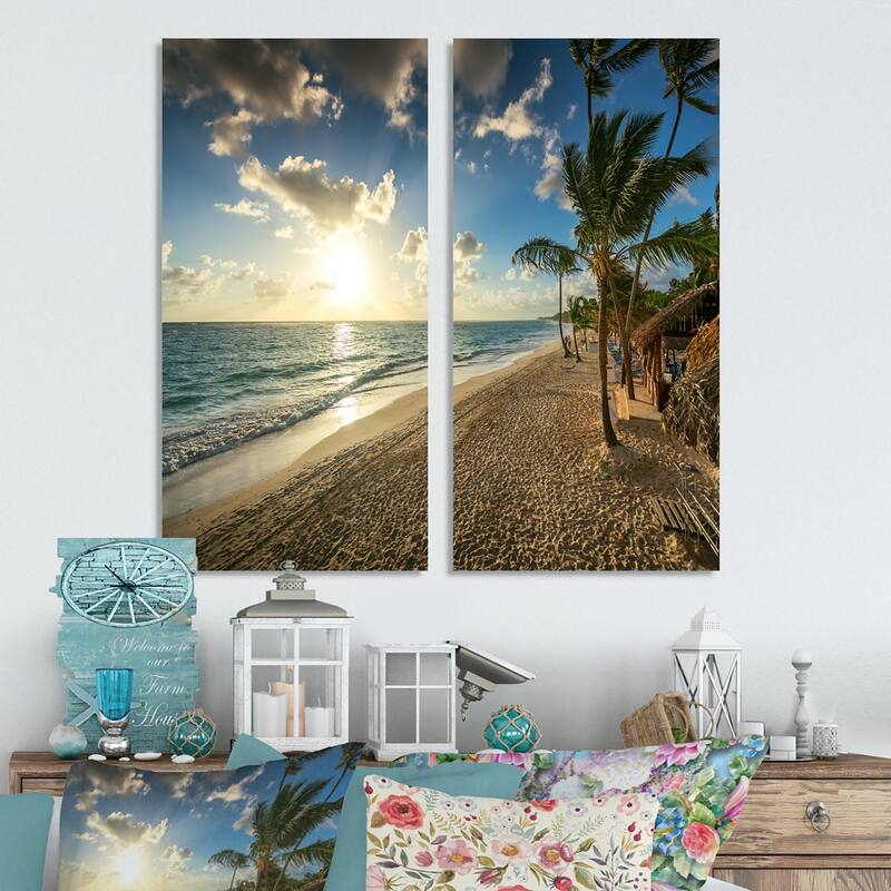 Designart "Beautiful Caribbean Vacation Beach" Large Beach Canvas Wall Art Print 2 Piece Set - 16" W x 32" H x 1" D x 2 Pieces
