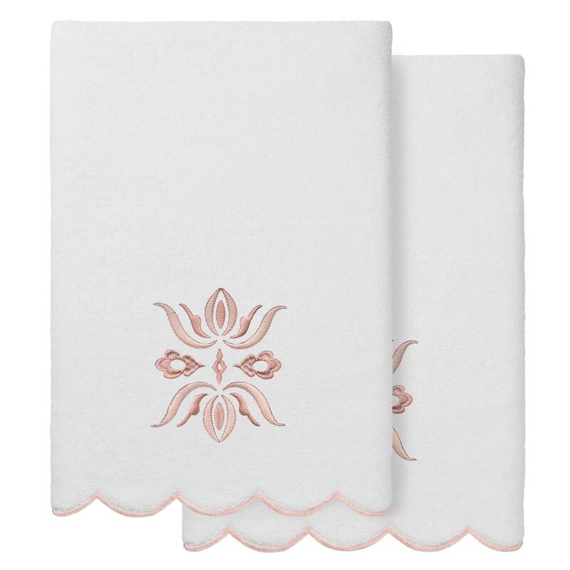 Authentic Hotel and Spa 100% Turkish Cotton FLOWER CREST Scallop Towel Collection - White/Pink - 2 Bath Towels
