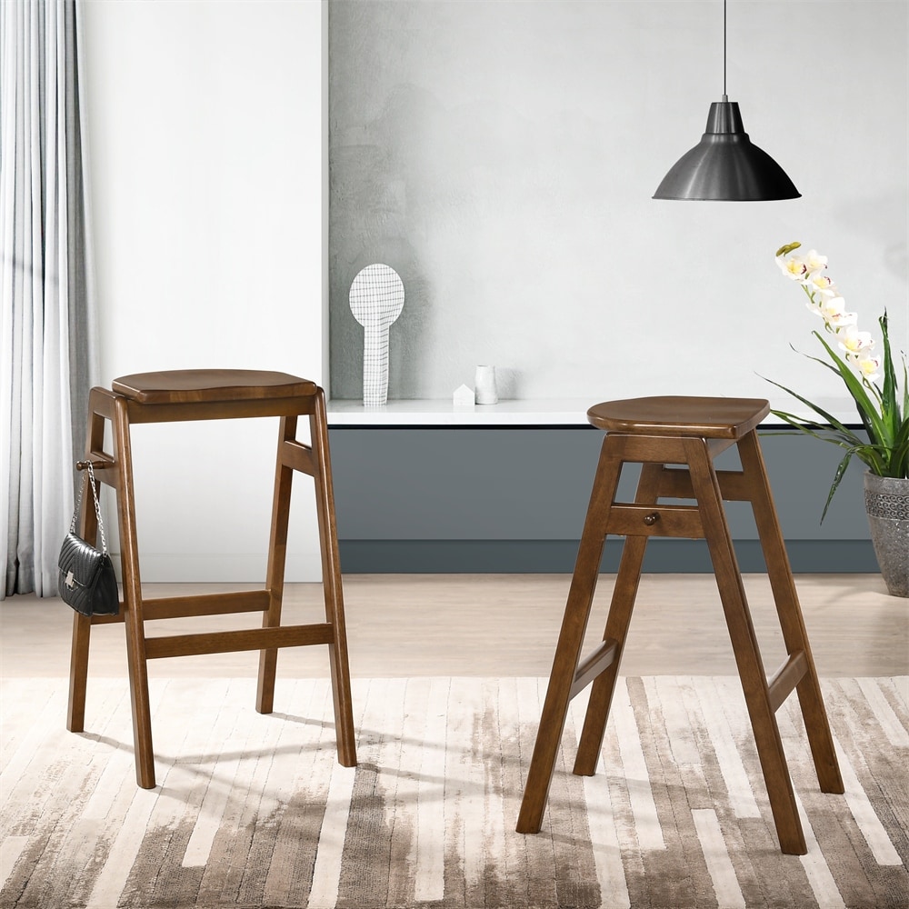 Mid-Century Modern Wood Stackable Barstools in Brown (Set of 2)