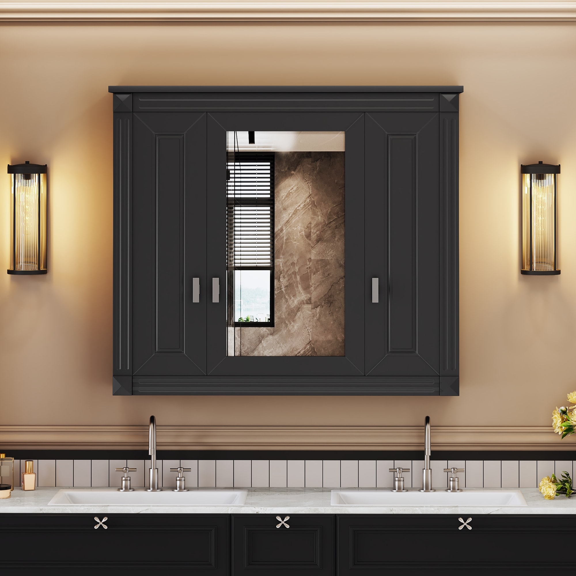Roomfitters Bathroom Wall Mounted Storage Cabinet with Mirror Door and 4 Shelves, Over Toilet Medicine Cabinet, Black