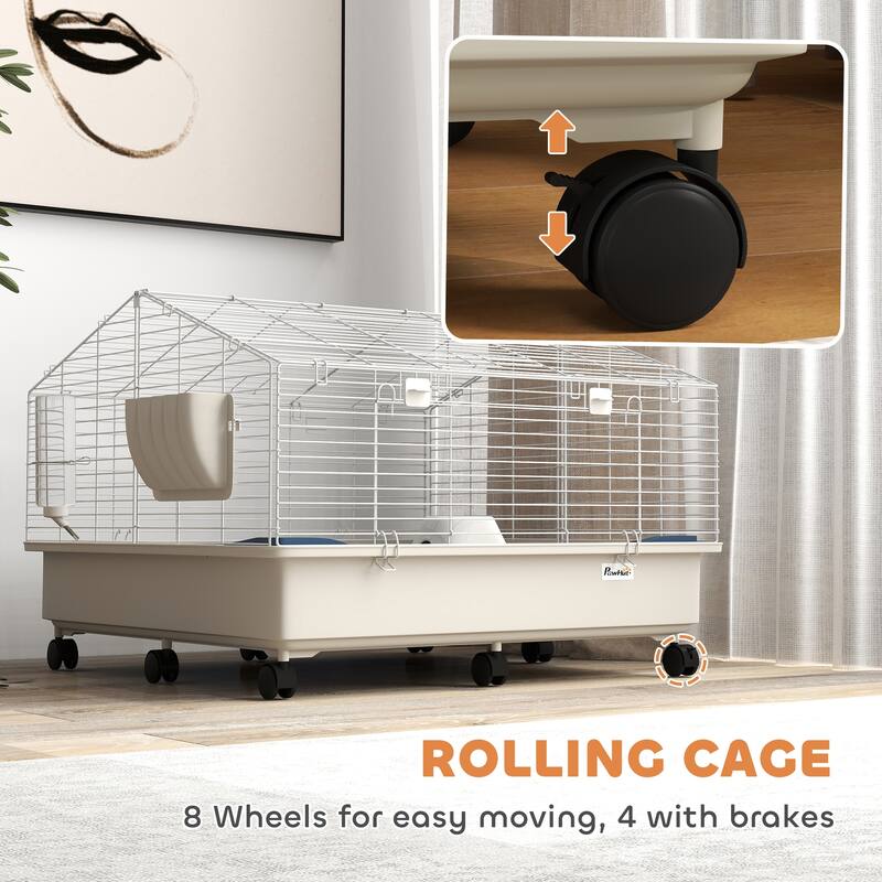 PawHut Small Animal Cage, Rolling Guinea Pig Cage with Water Bottle, Hay Feeder, Food Dish, Ramp, White