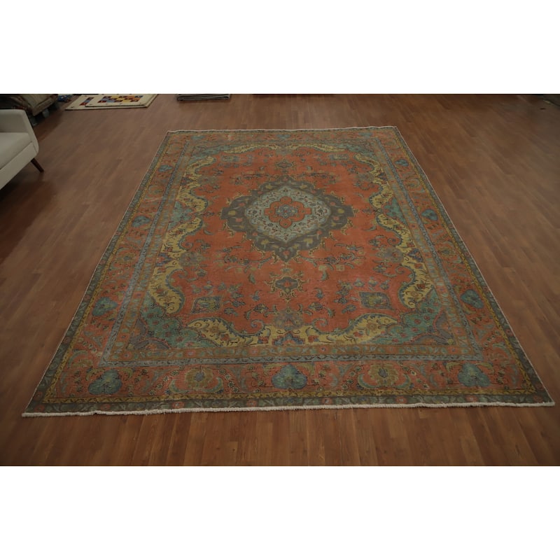 Hand Knotted Oriental 100% Wool Carpet Traditional Floral Oranges & Rust Tabriz Area Rug - 12' 8'' X 9' 4''
